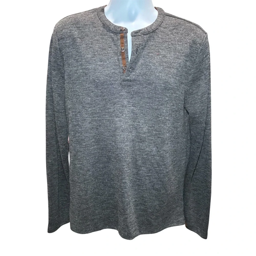 Banana Republic Men's Henley Sweater L Heather Gray Suede‎ Trim Long Sleeve